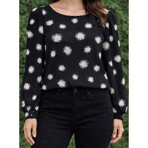 Who What Wear Black Dandelion Print Balloon Sleeve Top Size S